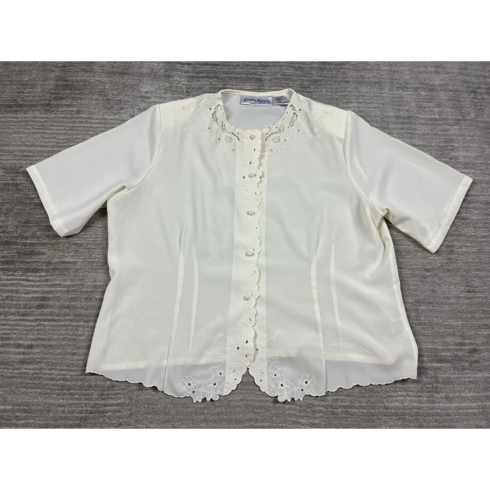 Claudia Richard Blouse Women 18W Ivory Short Sleeve Embroidered Eyelet Scalloped